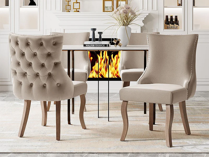 Set mit 4 Gondelstühlen aus Samt – Beine aus Massivholz – Beige