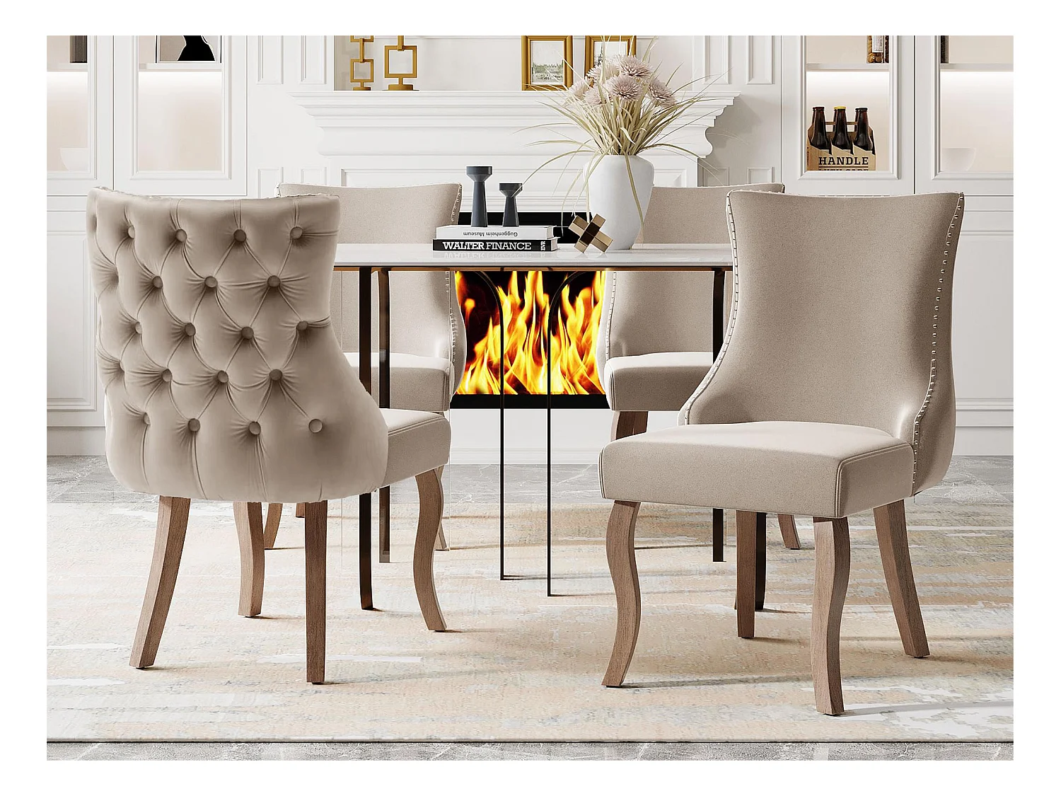 Lot de 4 chaises gondole en velours - pieds en bois massif - Beige