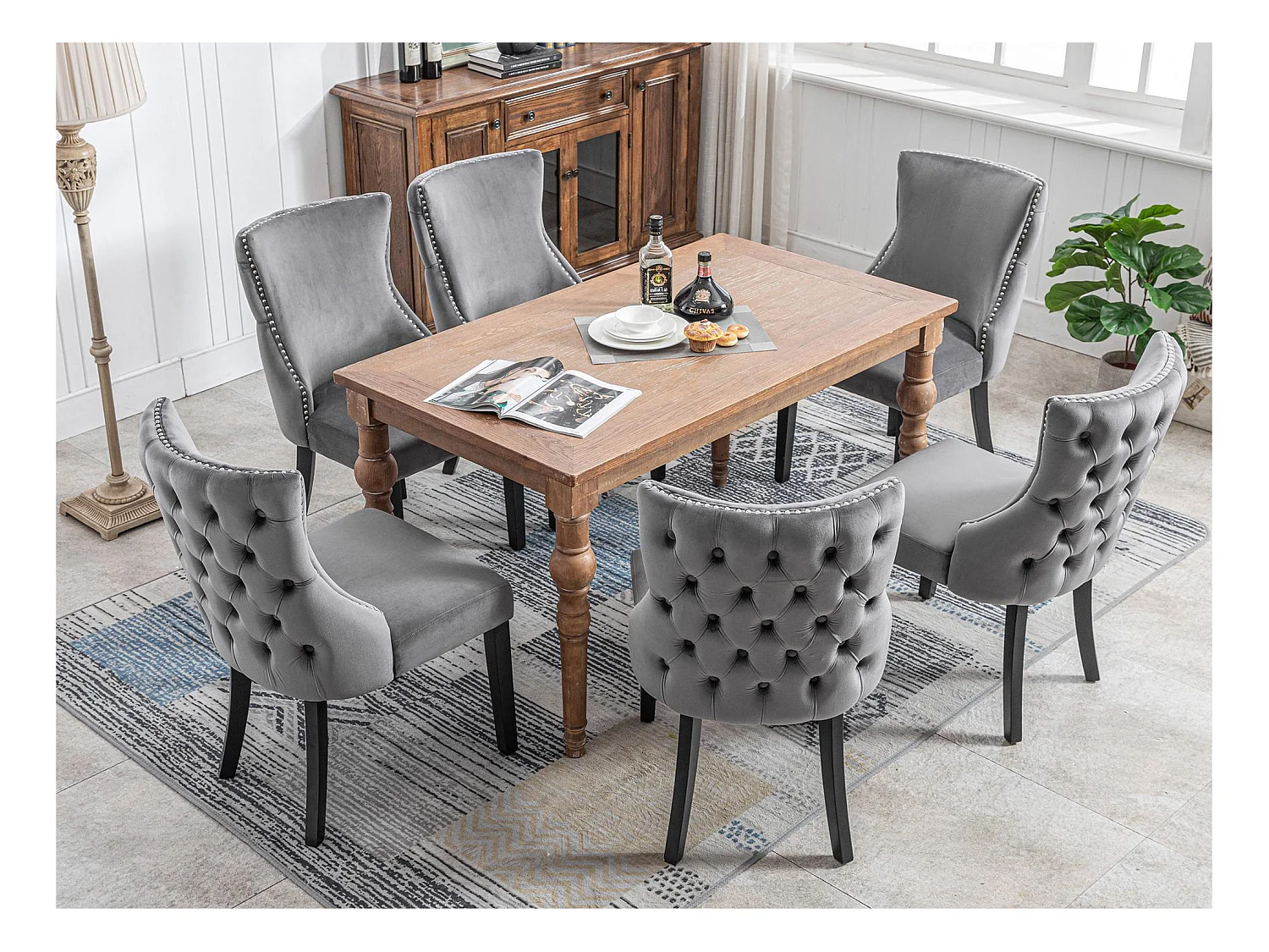 Lot de 6 chaises gondole en velours - pieds en bois massif - Gris