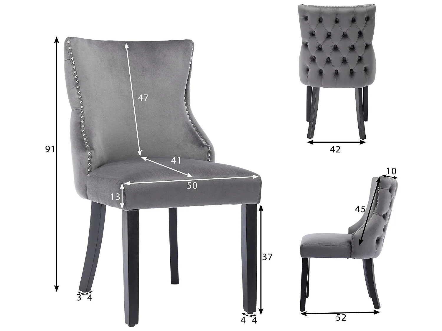 Set van 6 fluwelen gondelstoelen - massief houten poten - Grijs