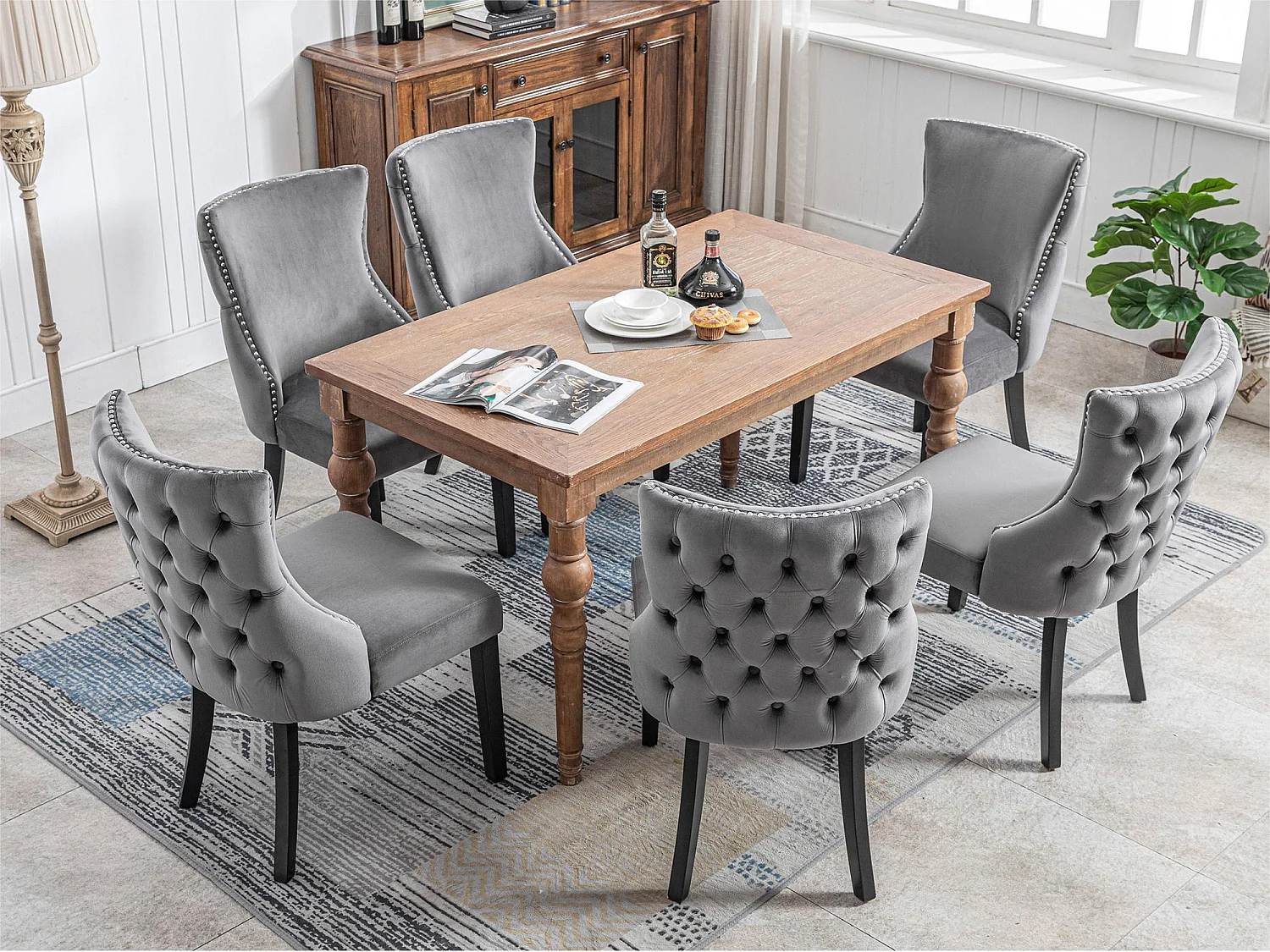 Lot de 6 chaises gondole en velours - pieds en bois massif - Gris