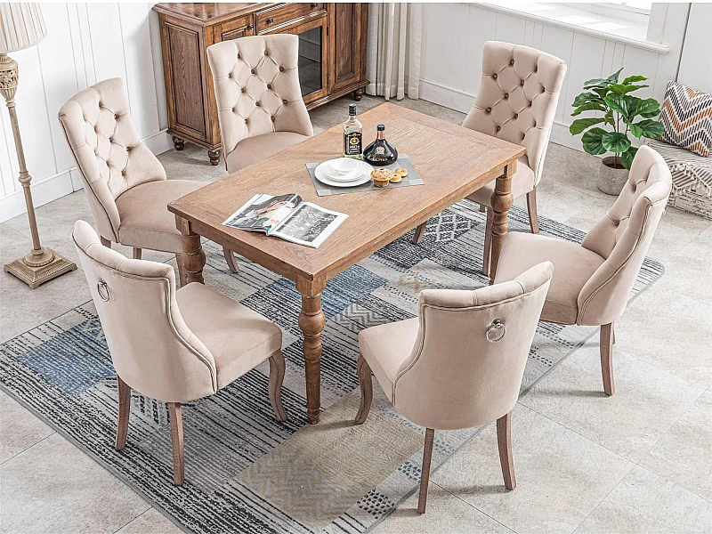 Set mit 6 Esszimmerstühlen aus Samt – Knopfsteppung – Beige