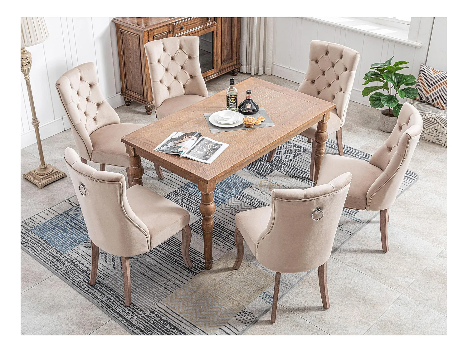 Lot de 6 chaises de salle à manger en velours - matelassage de boutons - Beige