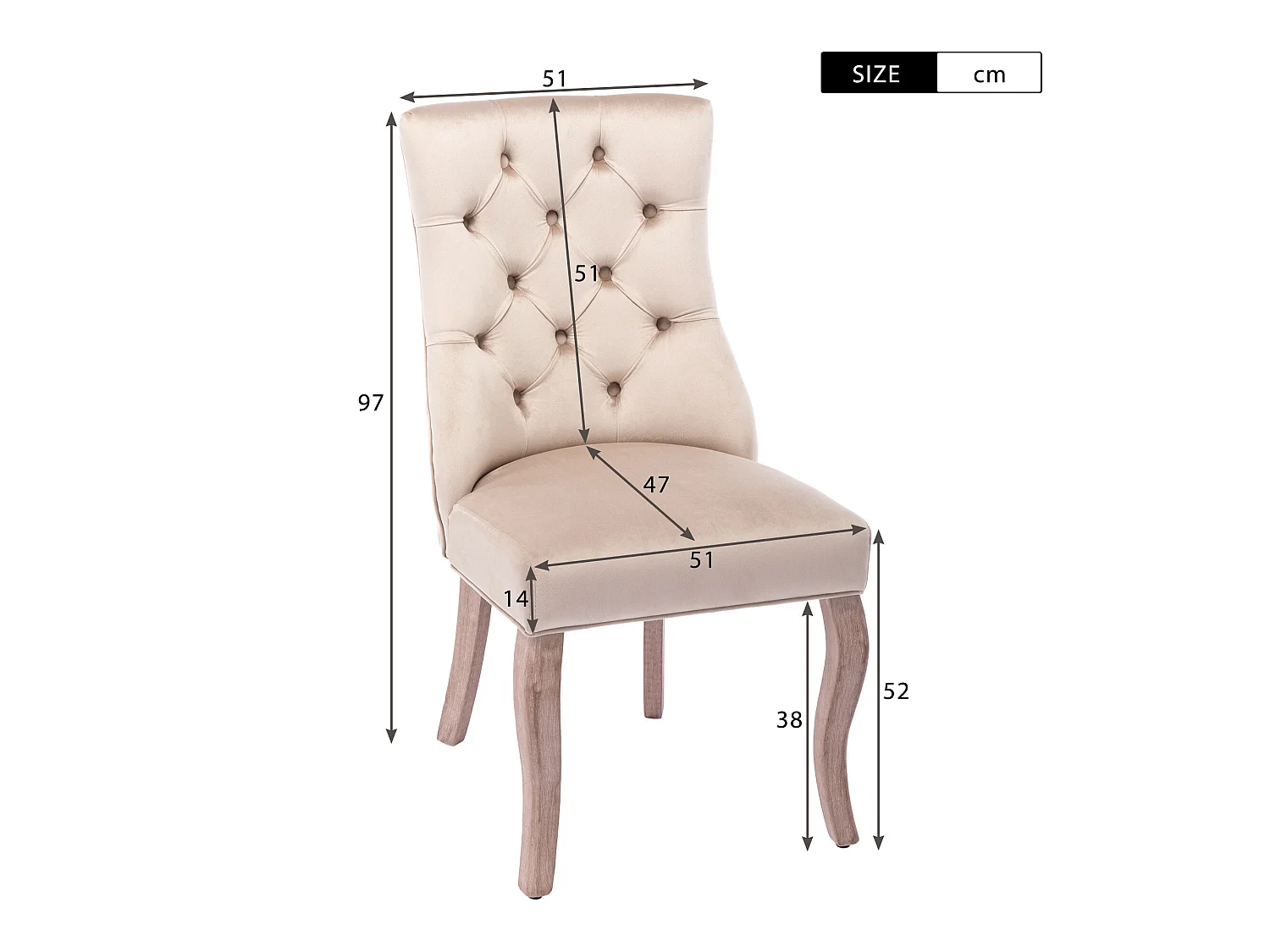 Lot de 6 chaises de salle à manger en velours - matelassage de boutons - Beige
