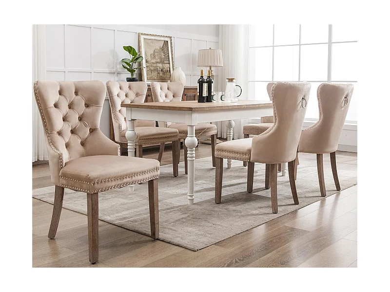 Lot de 6 chaises en velours - pieds en bois massif - beige