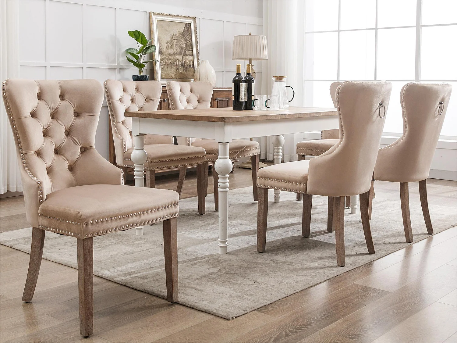 Set di 6 sedie in velluto - gambe in legno massiccio - beige