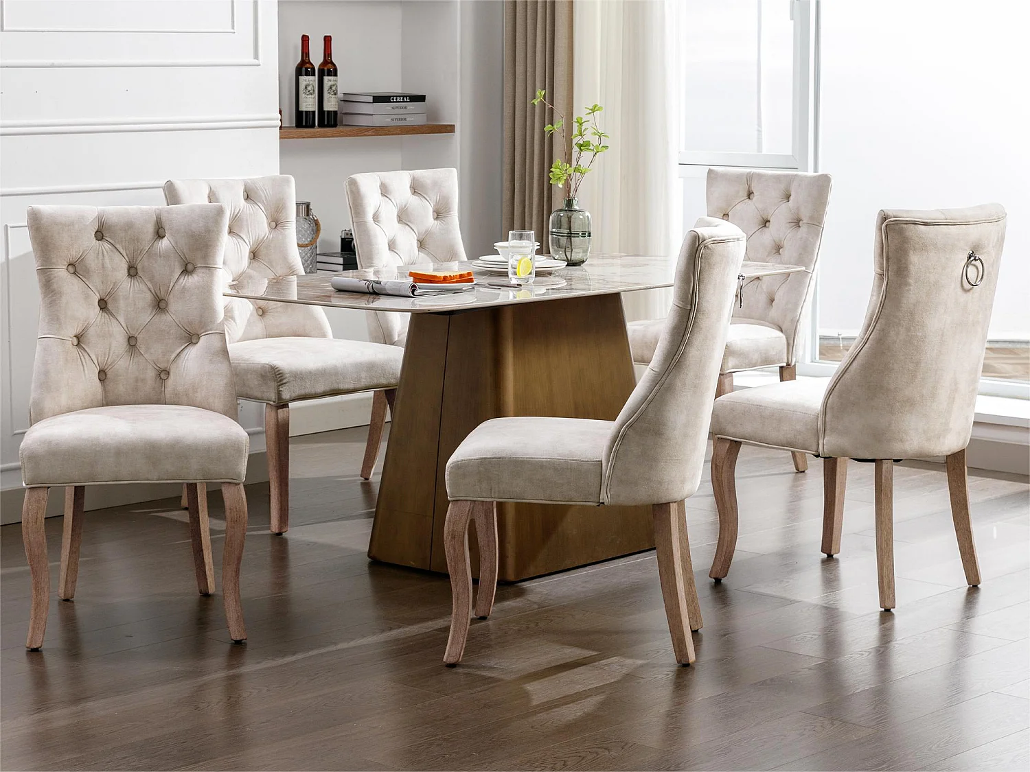 Set van 6 fluwelen eetkamerstoelen - gewatteerde knopen - Crème