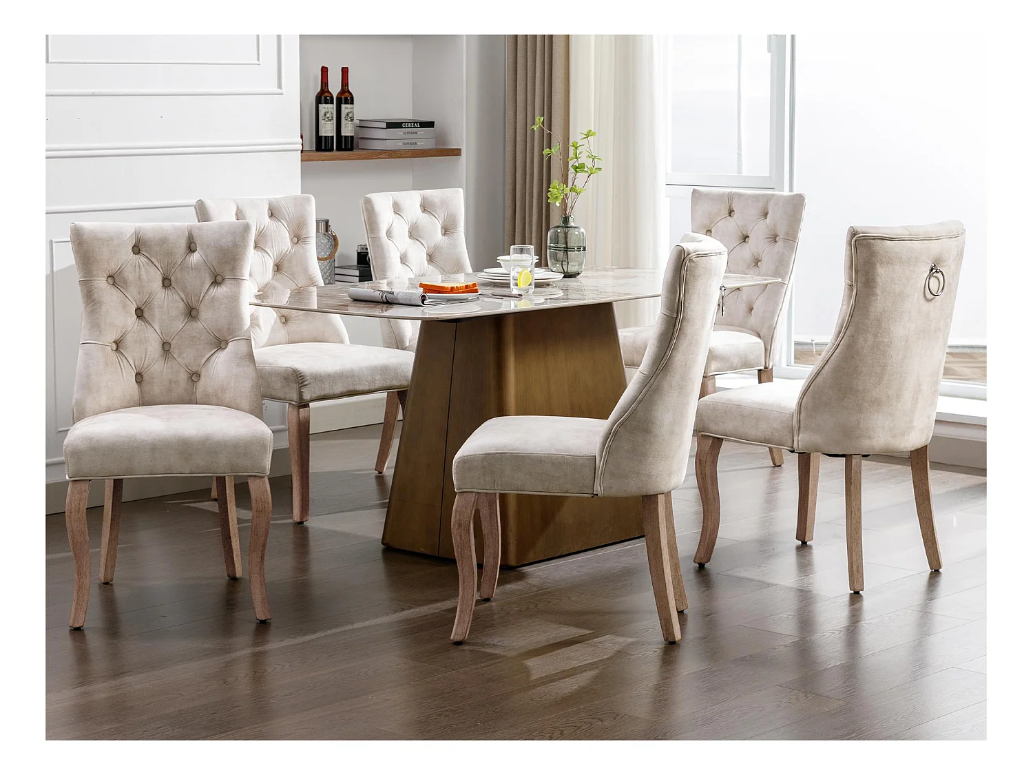Lot de 6 chaises de salle à manger en velours - matelassage de boutons - Crème