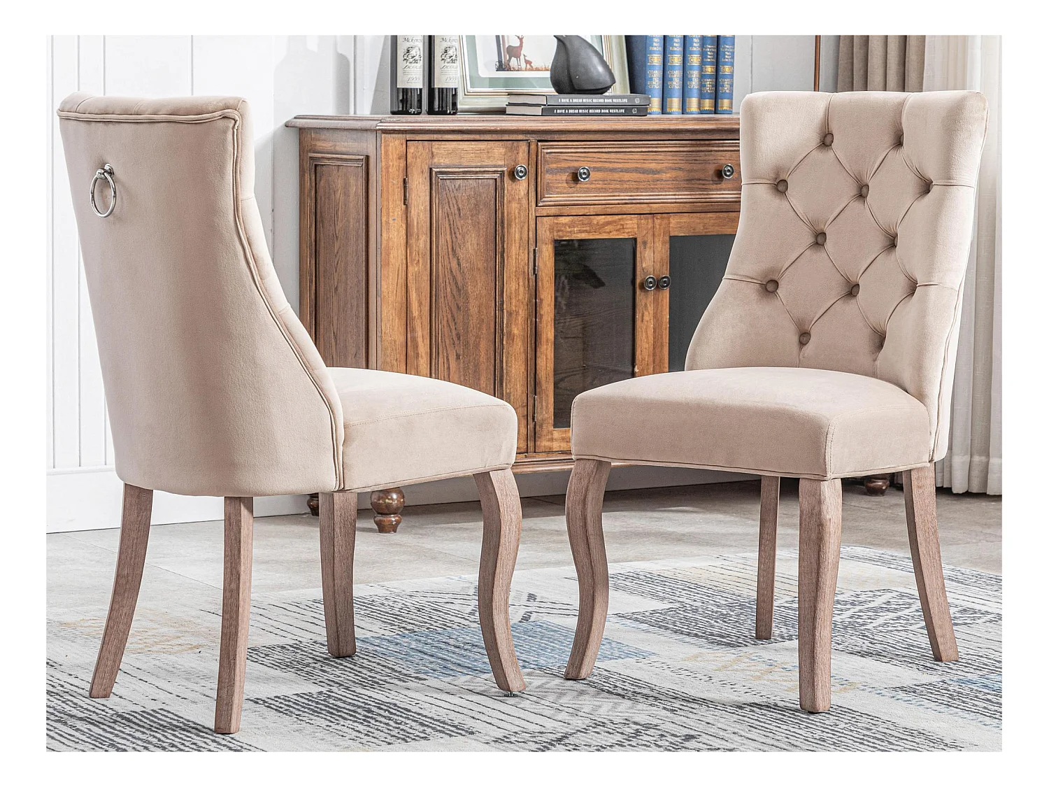 Lot de 2 Chaises capitonnées en velours avec pieds en bois massif - Beige
