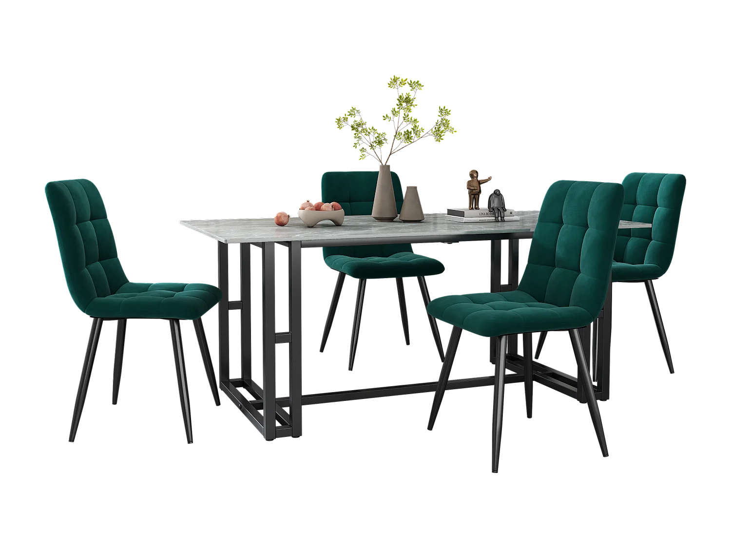 Set mit 4 Esszimmerstühlen – Metallstruktur – Samtstoff – grün