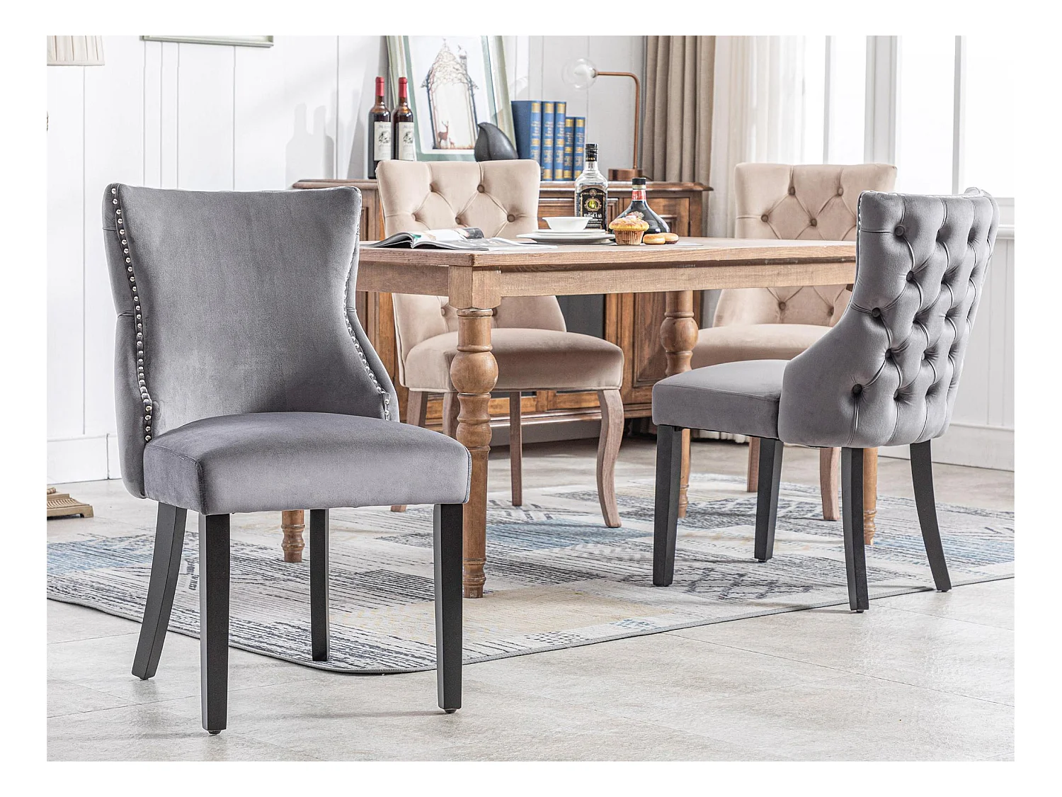 Lot de 4 chaises gondole en velours - pieds en bois massif - Gris