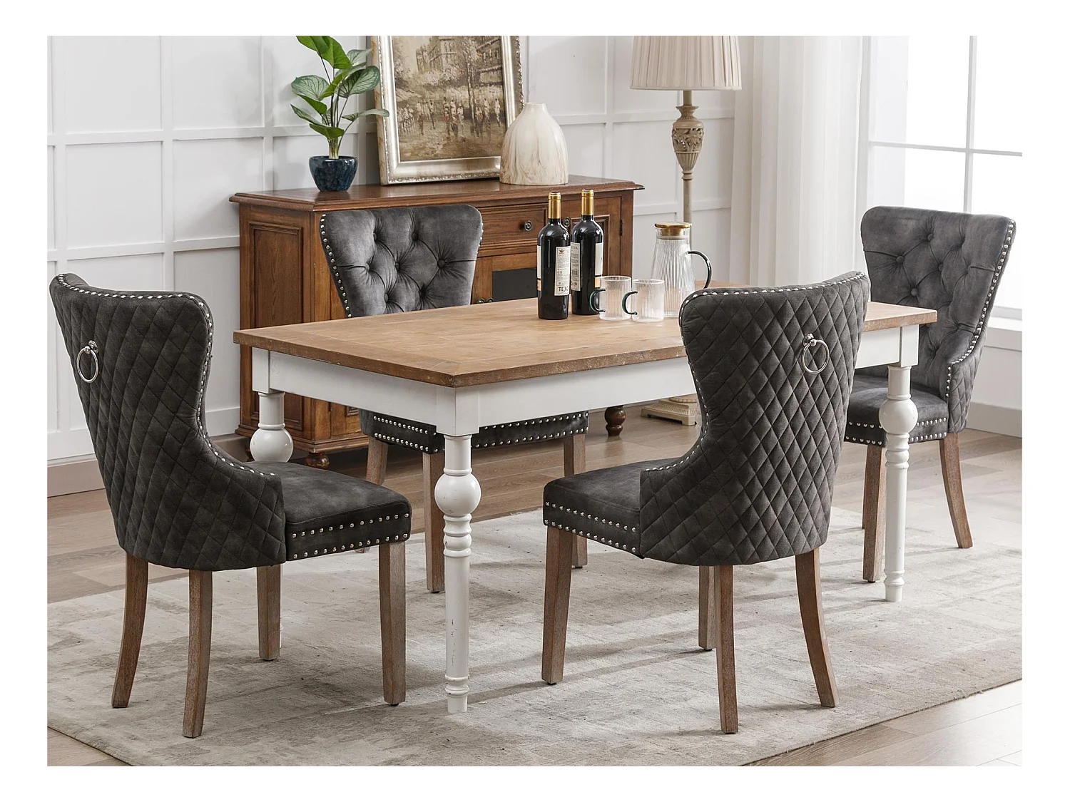 Lot de 4 chaises en velours - pieds en bois massif - gris