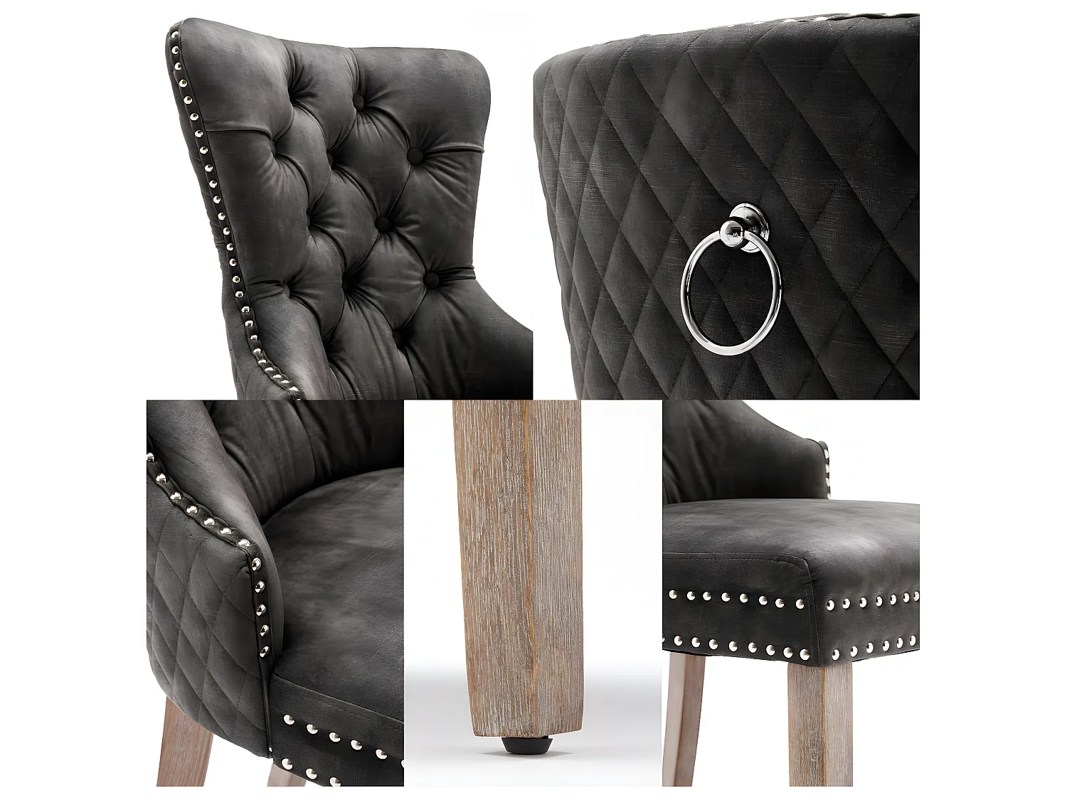 Set van 4 fluwelen stoelen - massief houten poten - grijs