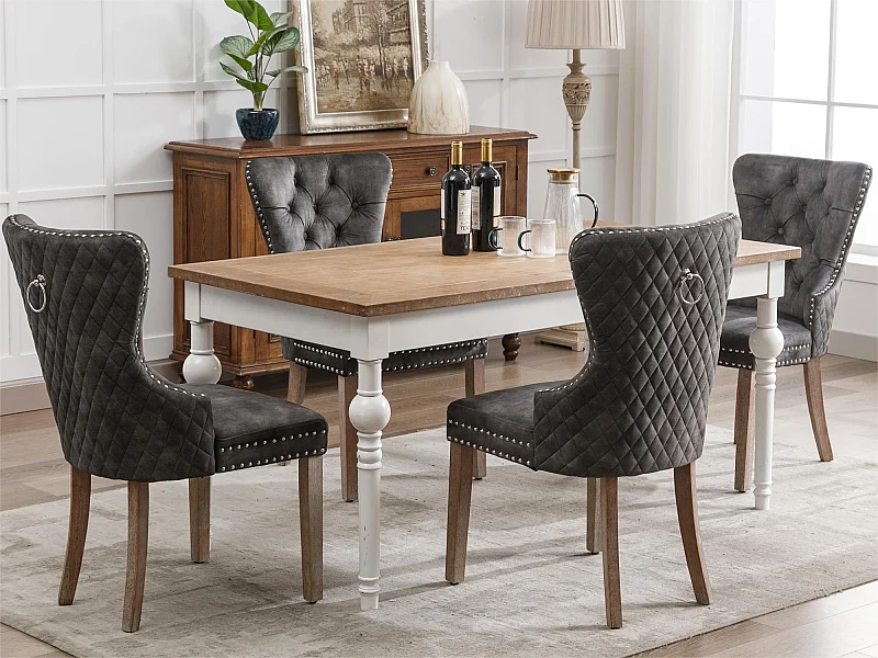 Set van 4 fluwelen stoelen - massief houten poten - grijs