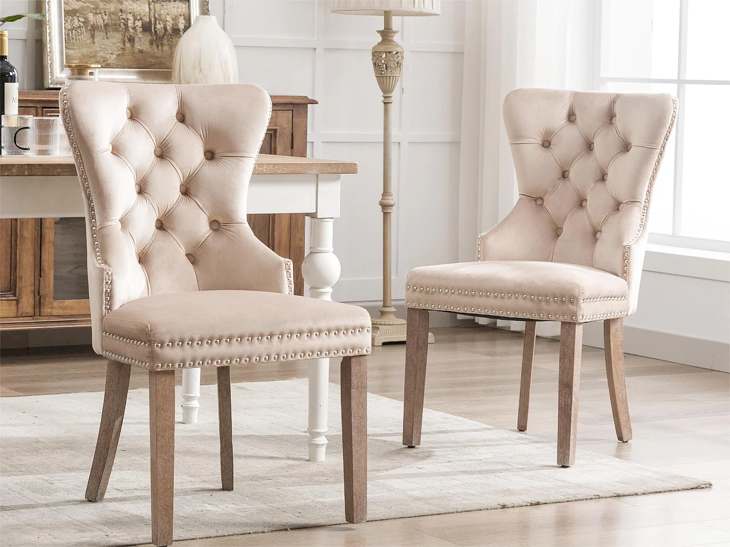 Lot de 2 chaises en velours - pieds en bois massif - beige