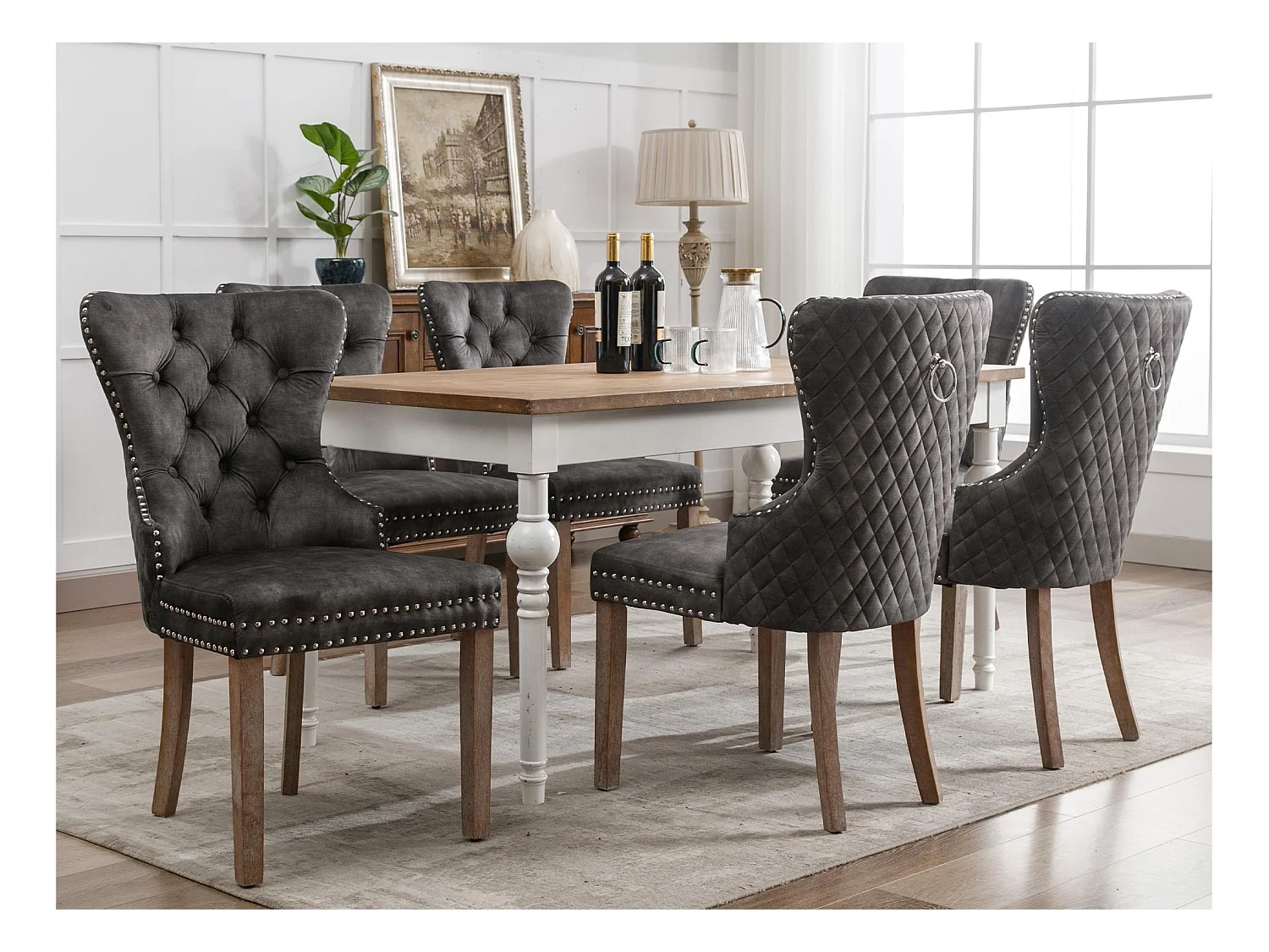 Lot de 6 chaises en velours - pieds en bois massif - gris