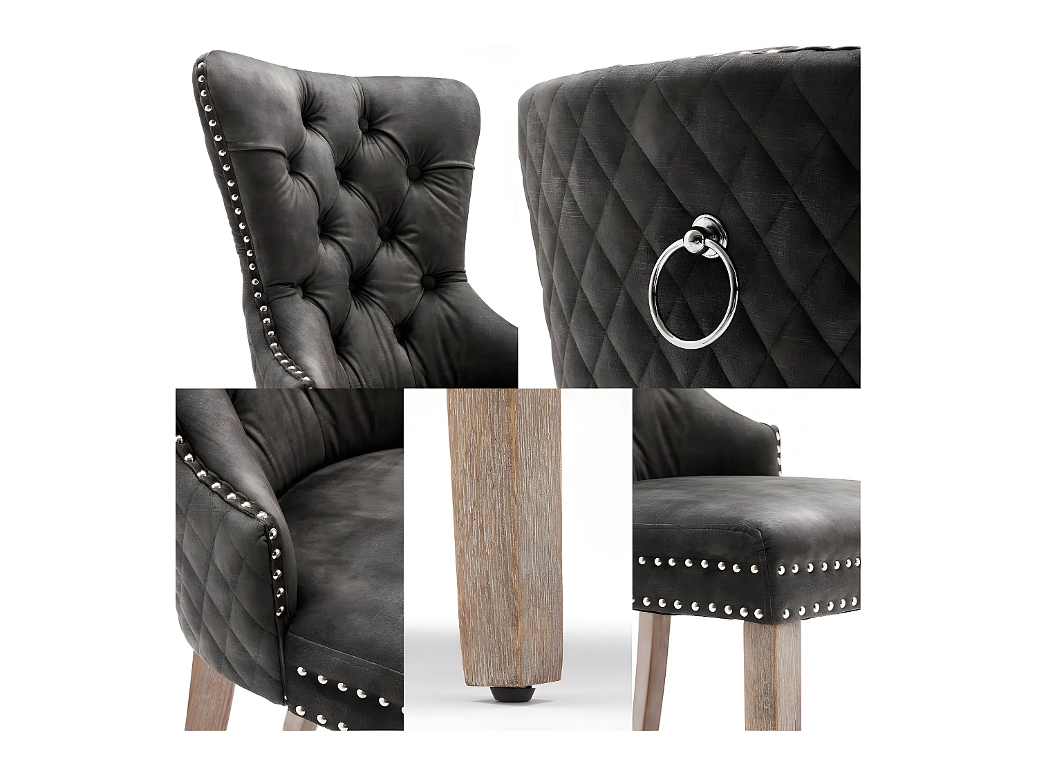 Juego de 6 sillas de terciopelo - patas de madera maciza - gris