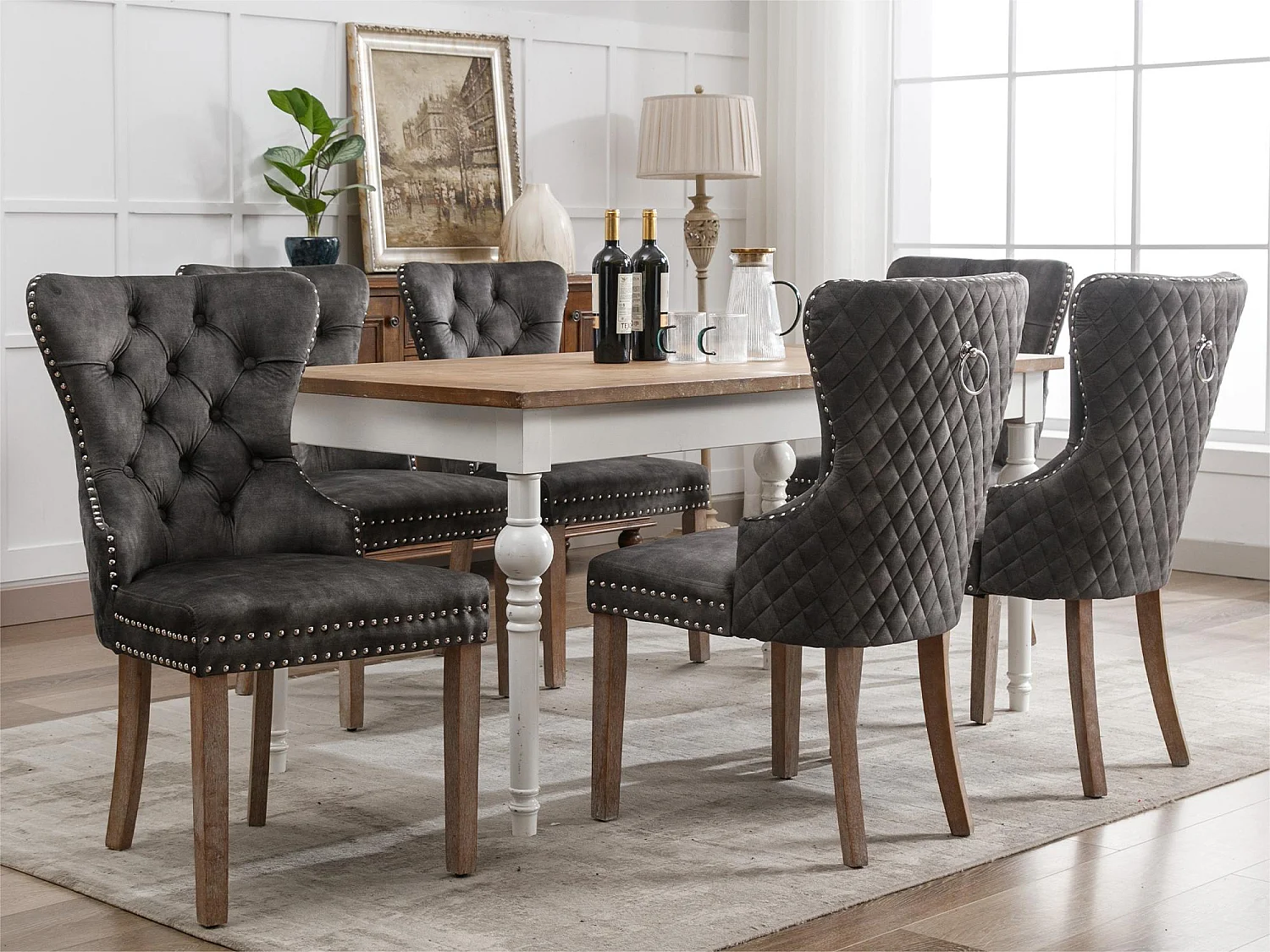 Lot de 6 chaises en velours - pieds en bois massif - gris