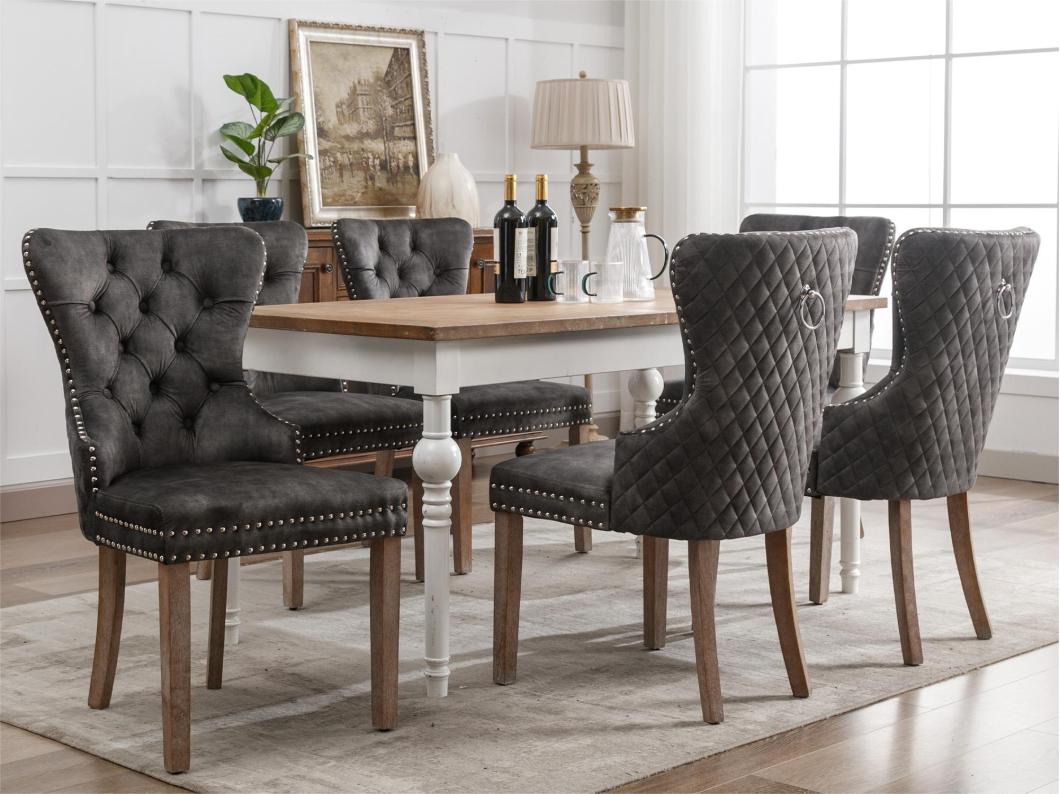 Set van 6 fluwelen stoelen - massief houten poten - grijs