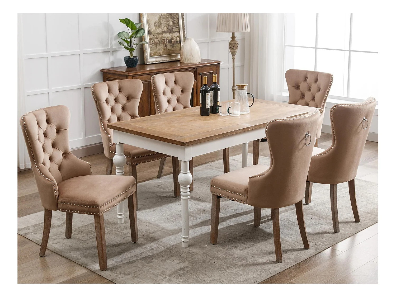 Lot de 6 chaises en velours - pieds en bois massif - naturel