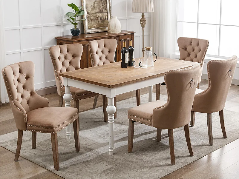 Set van 6 fluwelen stoelen - massief houten poten - naturel