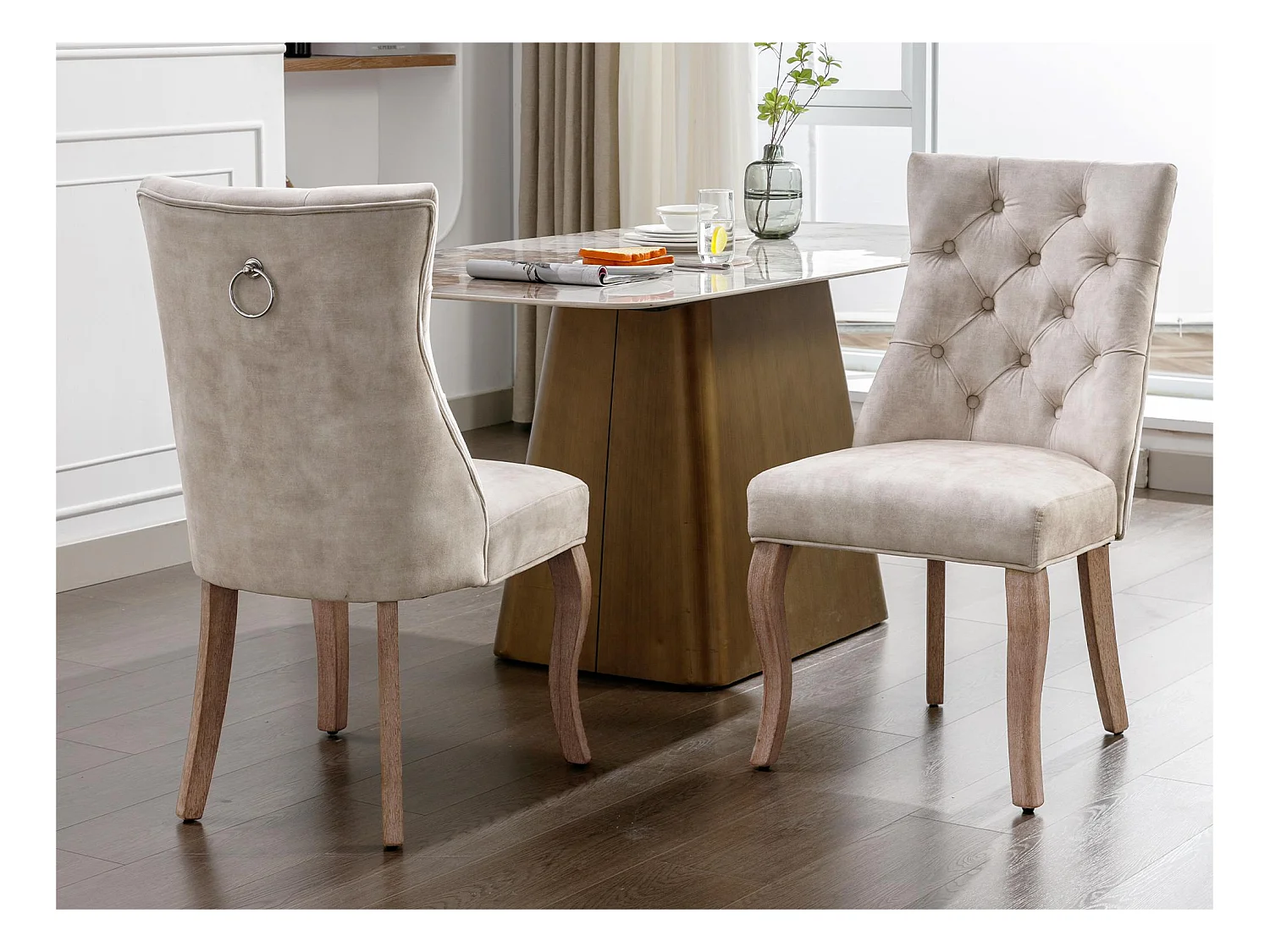 Lot de 2 chaises de salle à manger en velours - matelassage de boutons - Crème