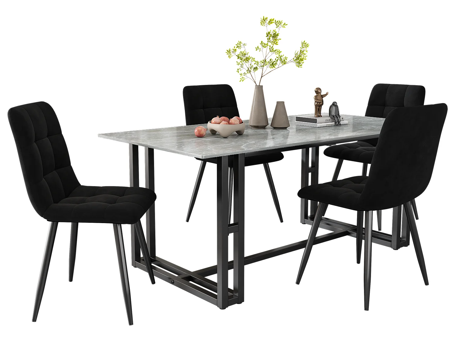 Lot de 4 Chaises de salle à manger - structure en métal - tissu en velours - noir