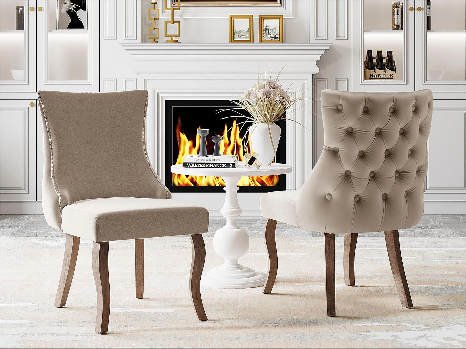 Lot de 2 chaises gondole en velours - pieds en bois massif - Beige