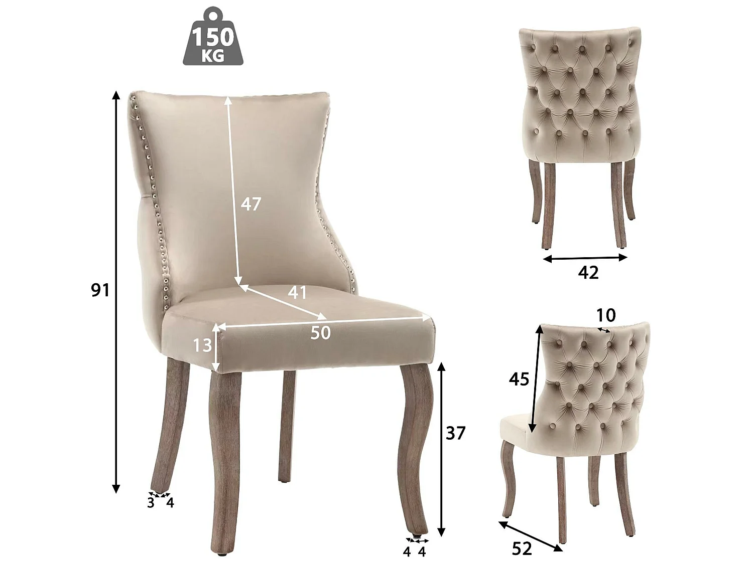 Lot de 2 chaises gondole en velours - pieds en bois massif - Beige