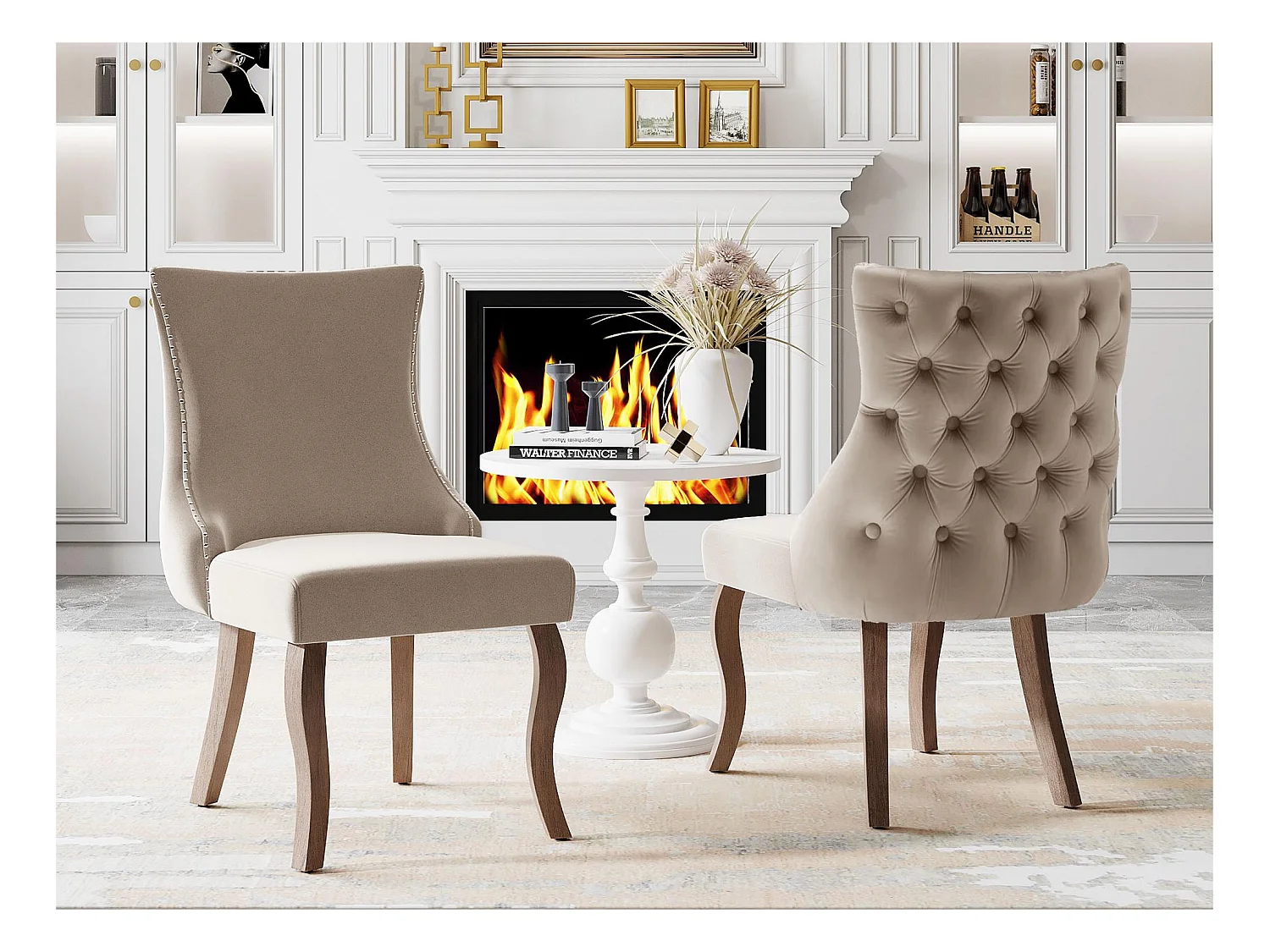 Lot de 2 chaises gondole en velours - pieds en bois massif - Beige