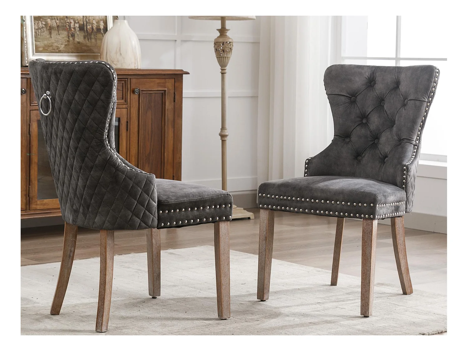 Lot de 2 chaises en velours - pieds en bois massif - gris