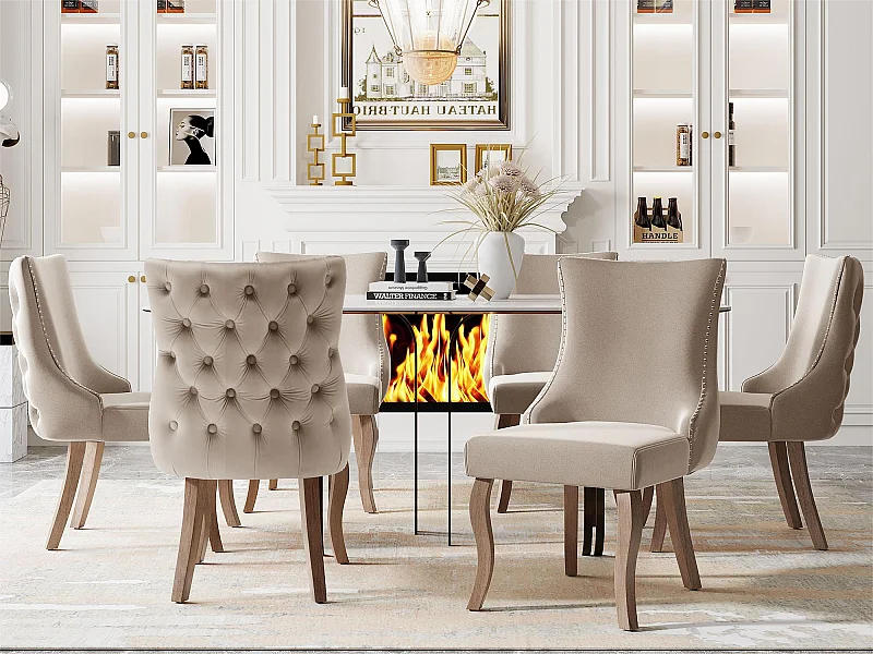 Set mit 6 Gondelstühlen aus Samt – Beine aus Massivholz – Beige