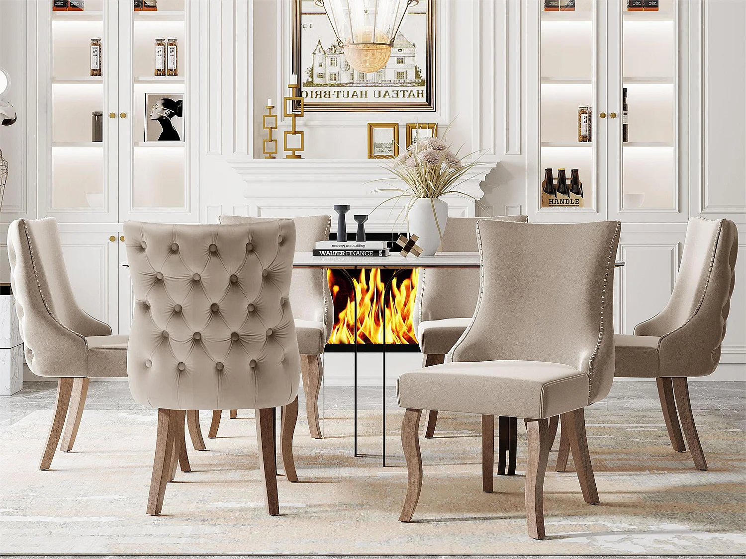 Lot de 6 chaises gondole en velours - pieds en bois massif - Beige