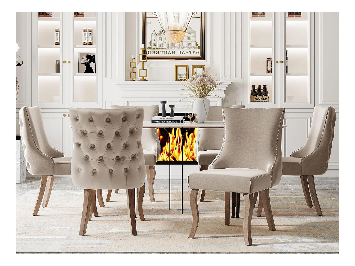 Lot de 6 chaises gondole en velours - pieds en bois massif - Beige