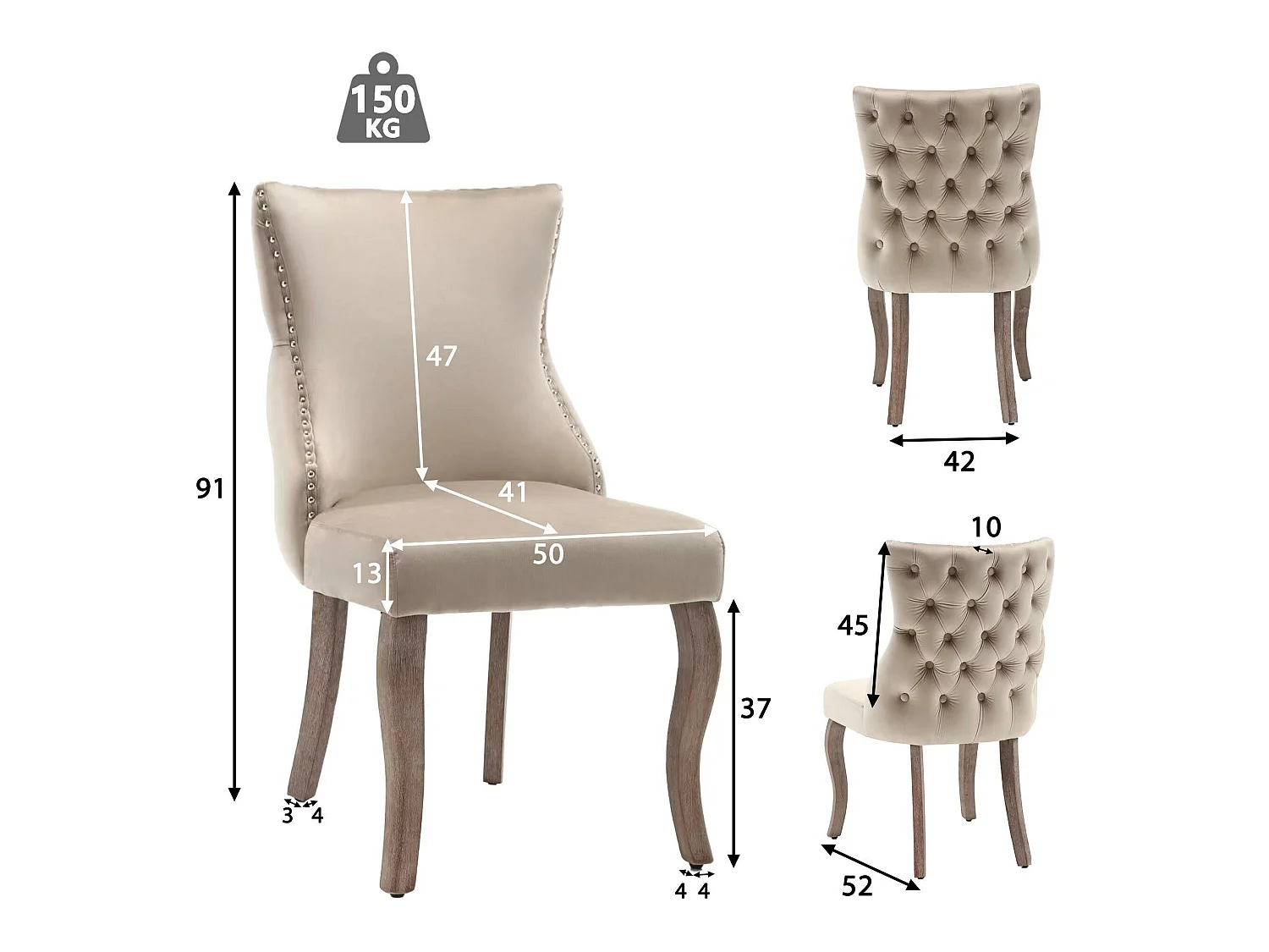 Lot de 6 chaises gondole en velours - pieds en bois massif - Beige