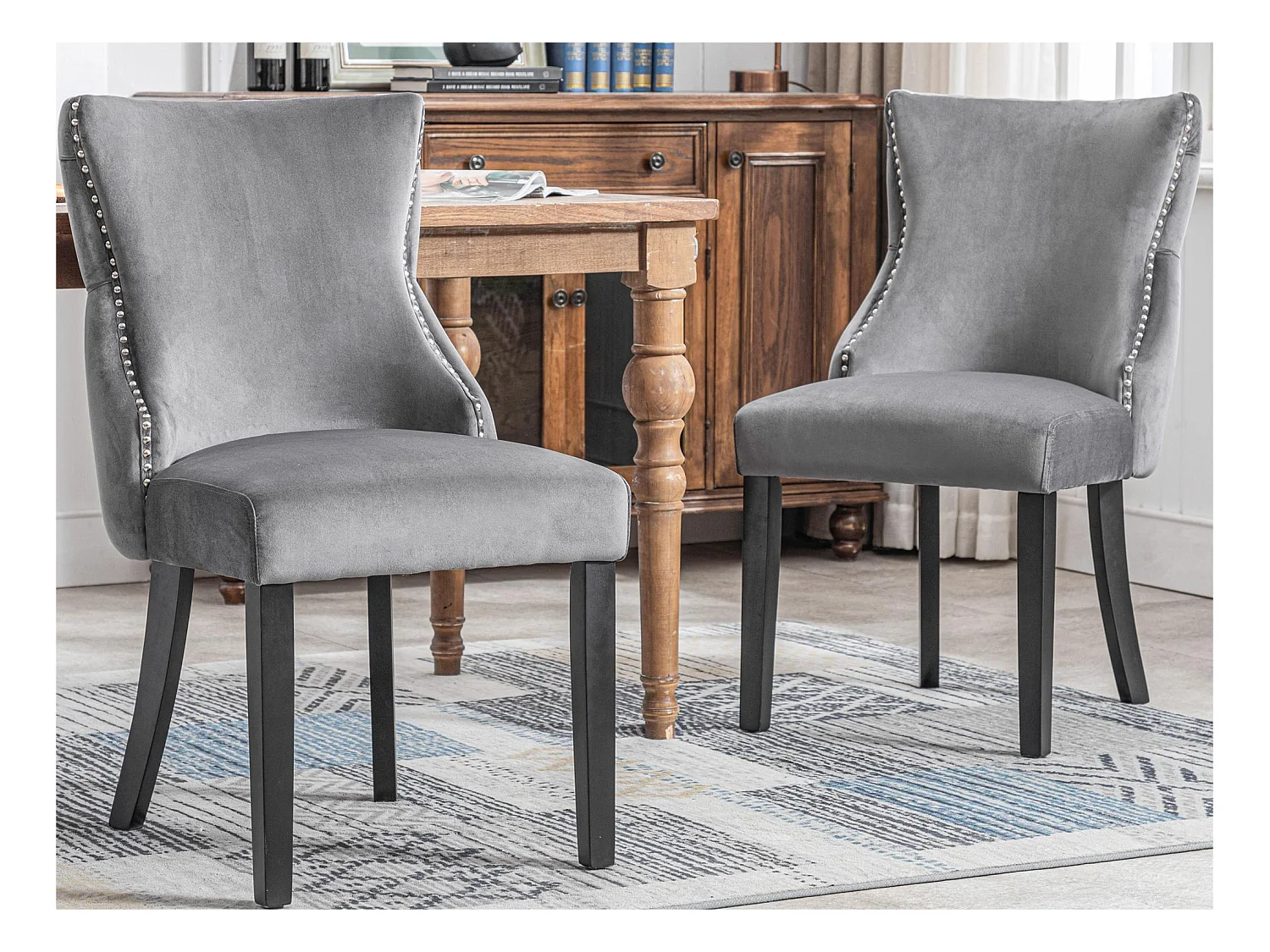 Lot de 2 chaises gondole en velours - pieds en bois massif - Gris