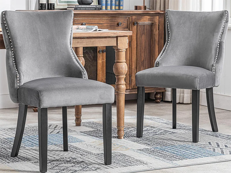 Lot de 2 chaises gondole en velours - pieds en bois massif - Gris