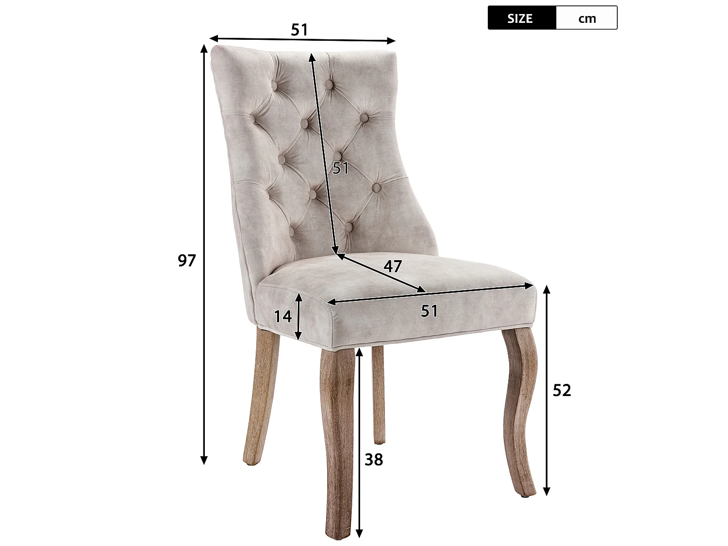 Set mit 4 Samt-Esszimmerstühlen – Knopfsteppung – Creme