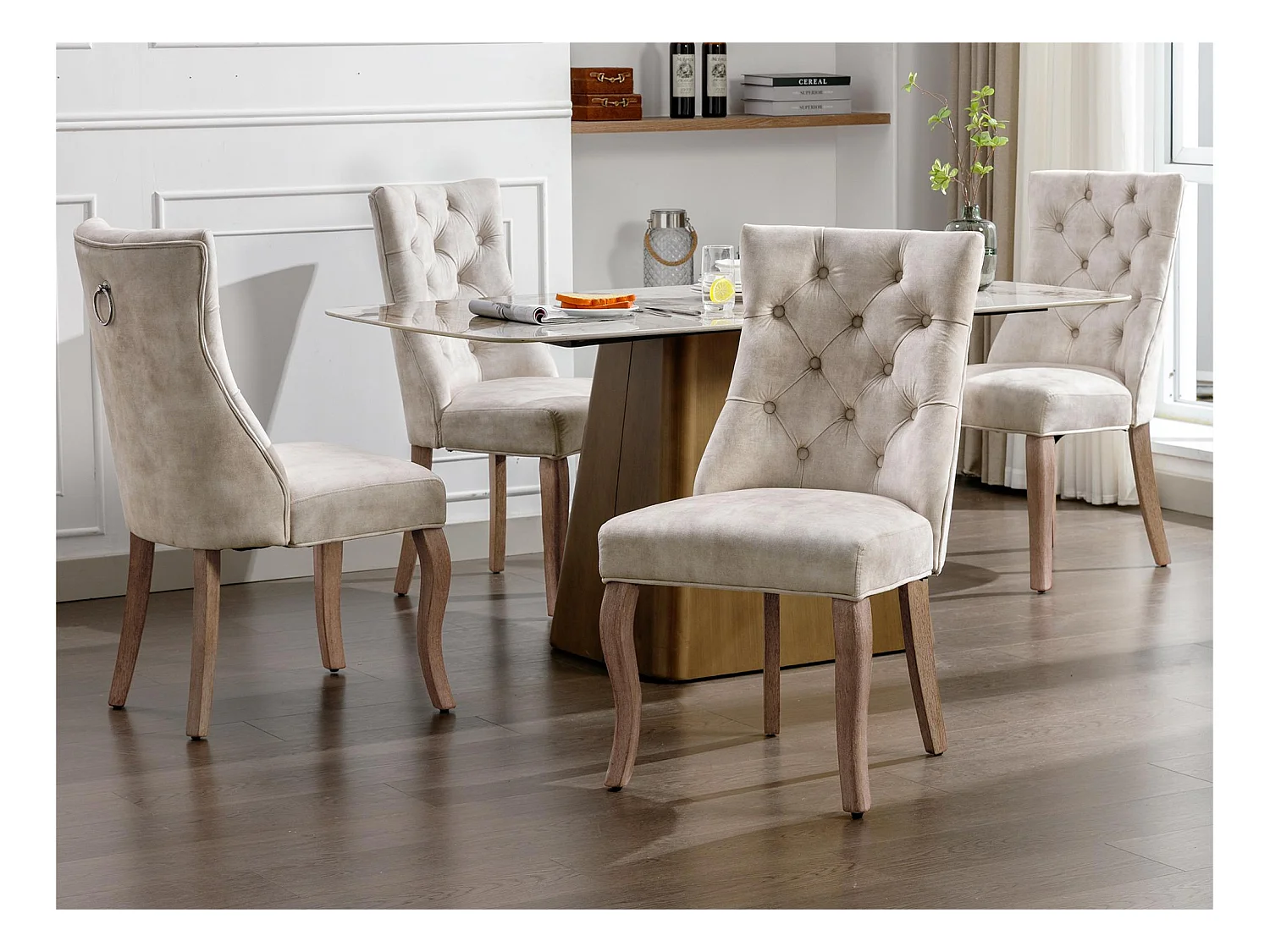 Lot de 4 chaises de salle à manger en velours - matelassage de boutons - Crème