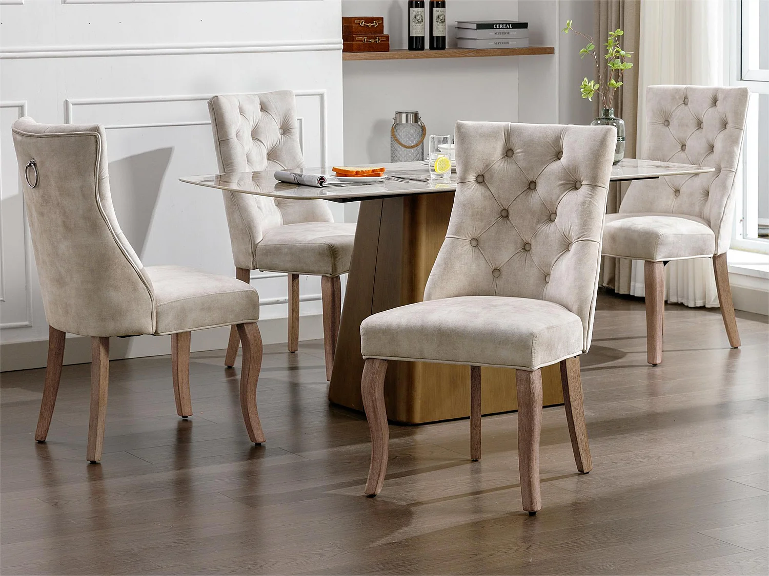 Lot de 4 chaises de salle à manger en velours - matelassage de boutons - Crème