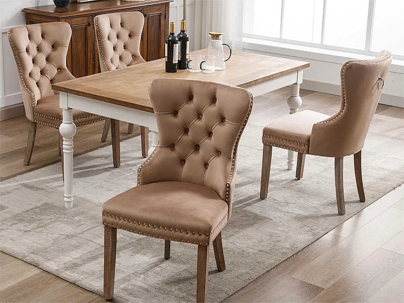 Set van 4 fluwelen stoelen - massief houten poten - naturel