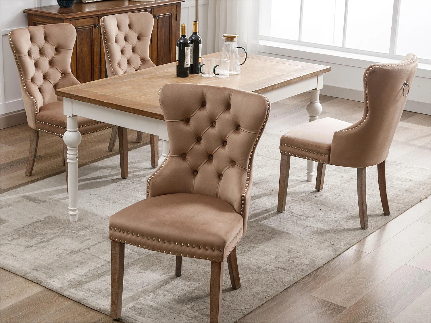 Lot de 4 chaises en velours - pieds en bois massif - naturel