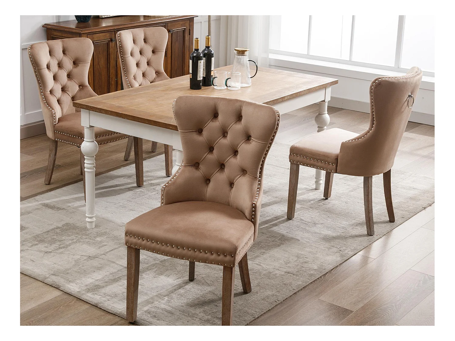 Lot de 4 chaises en velours - pieds en bois massif - naturel