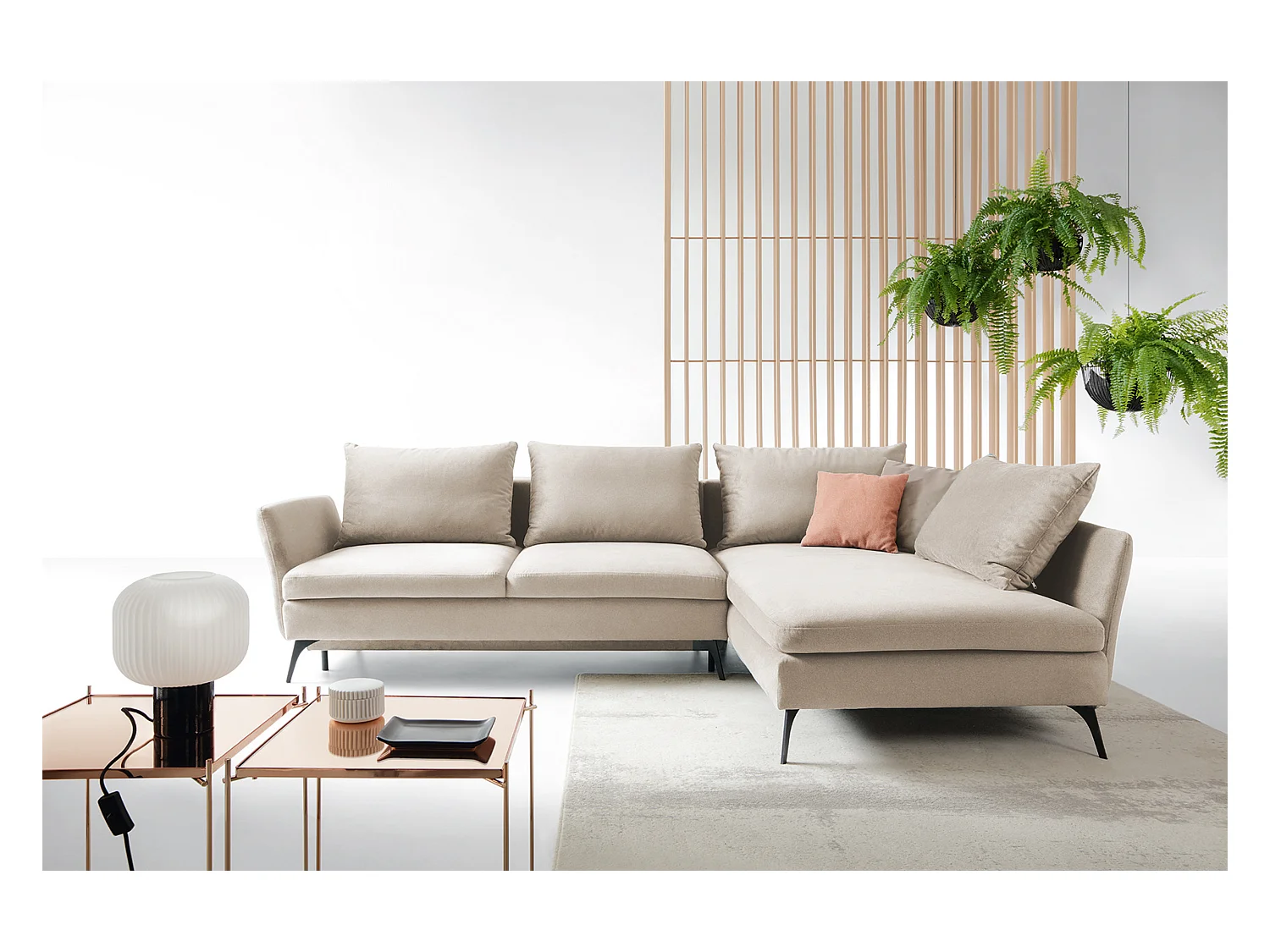 Canapé d'angle - 282 cm - en L avec un coffre de rangement - tissu hydrophobe - beige - côté droit - DEMISBAL
