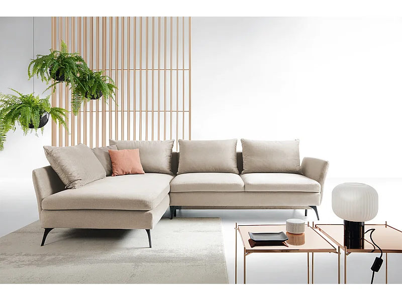 Canapé d'angle - 282 cm - en L avec un coffre de rangement - tissu hydrophobe - beige - côté gauche - DEMISBAL