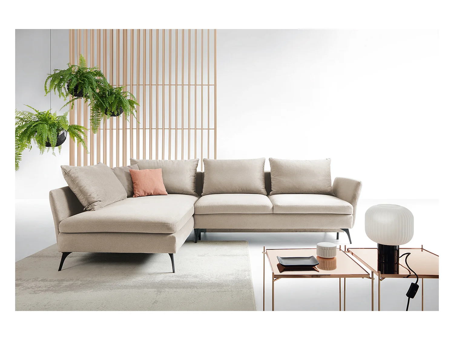 Canapé d'angle - 282 cm - en L avec un coffre de rangement - tissu hydrophobe - beige - côté gauche - DEMISBAL