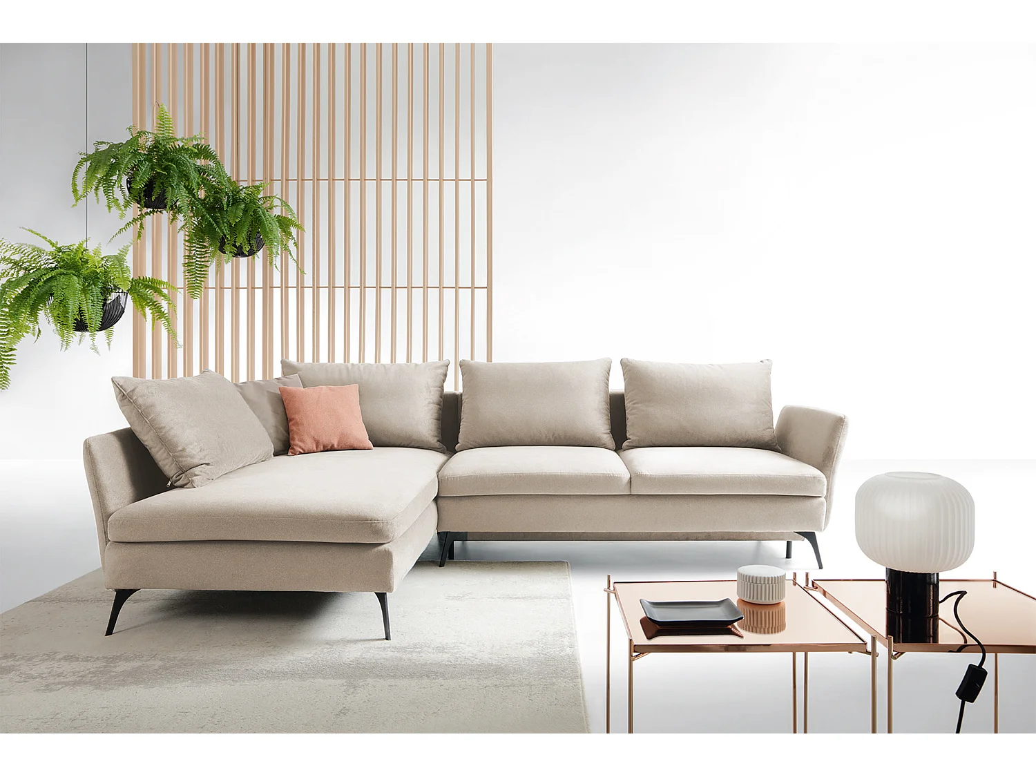 Canapé d'angle - 282 cm - en L avec un coffre de rangement - tissu hydrophobe - beige - côté gauche - DEMISBAL