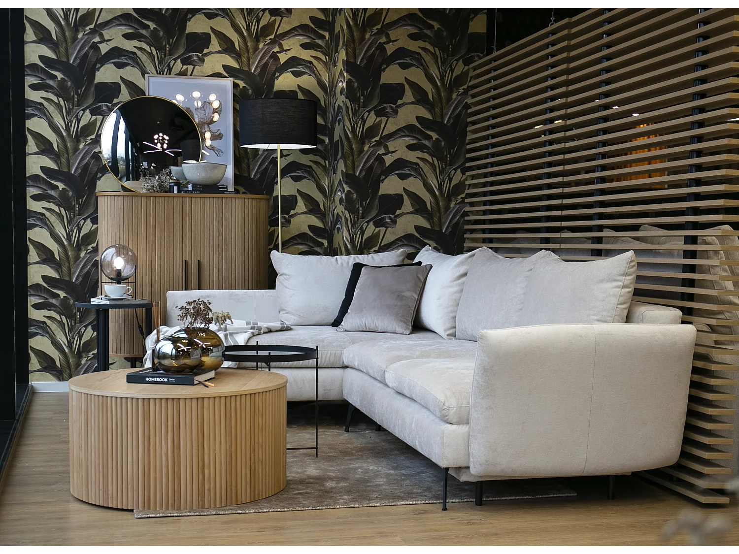 Canapé d'angle - 282 cm - en L avec un coffre de rangement - tissu hydrophobe - beige - côté gauche - DEMISBAL