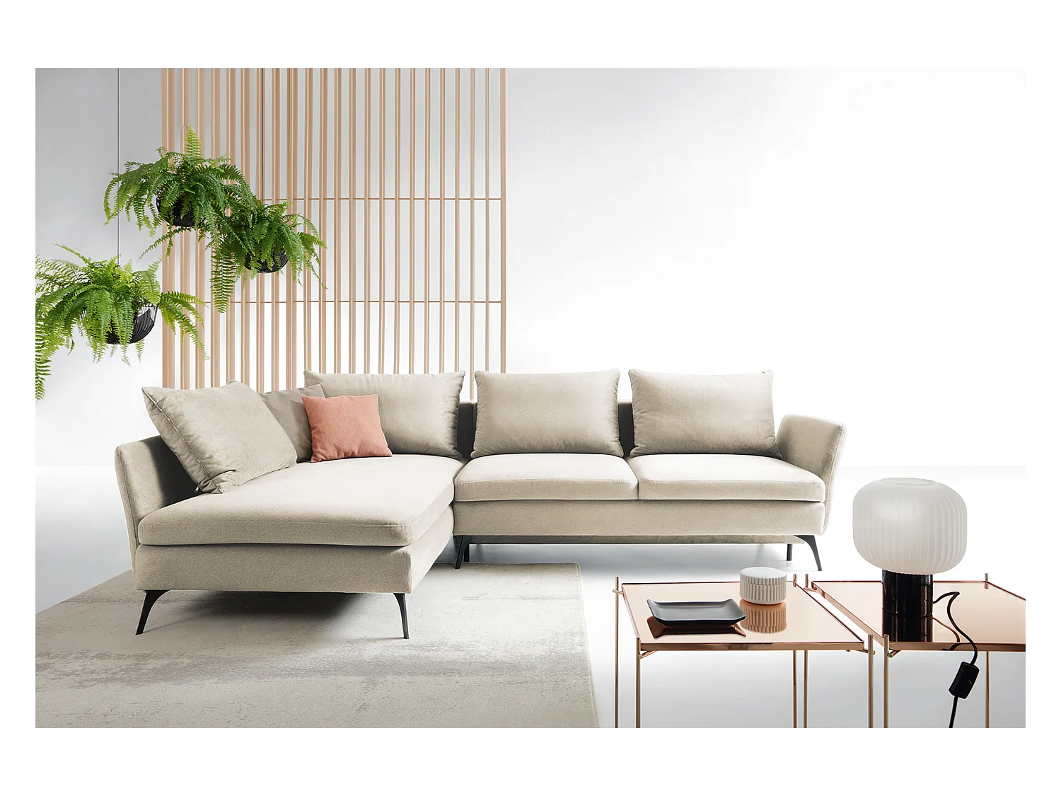 Canapé d'angle - 282 cm - en L avec un coffre de rangement - tissu hydrophobe - crème - côté gauche - DEMISBAL
