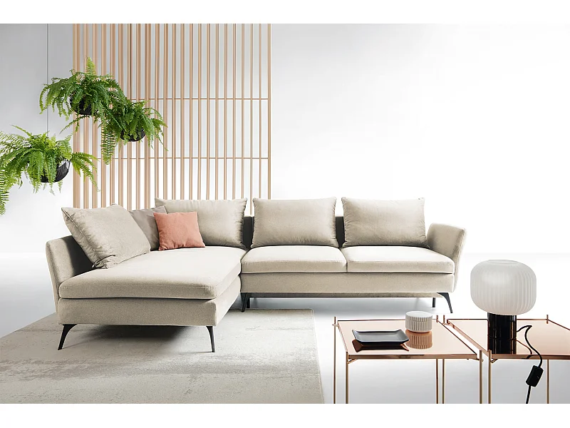 Canapé d'angle - 282 cm - en L avec un coffre de rangement - tissu hydrophobe - crème - côté gauche - DEMISBAL